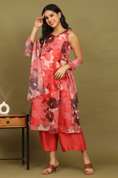 W for Woman Crimson Red Bold Floral Printed Organza Sleeveless Flared Kurta, Pants and Dupatta Set