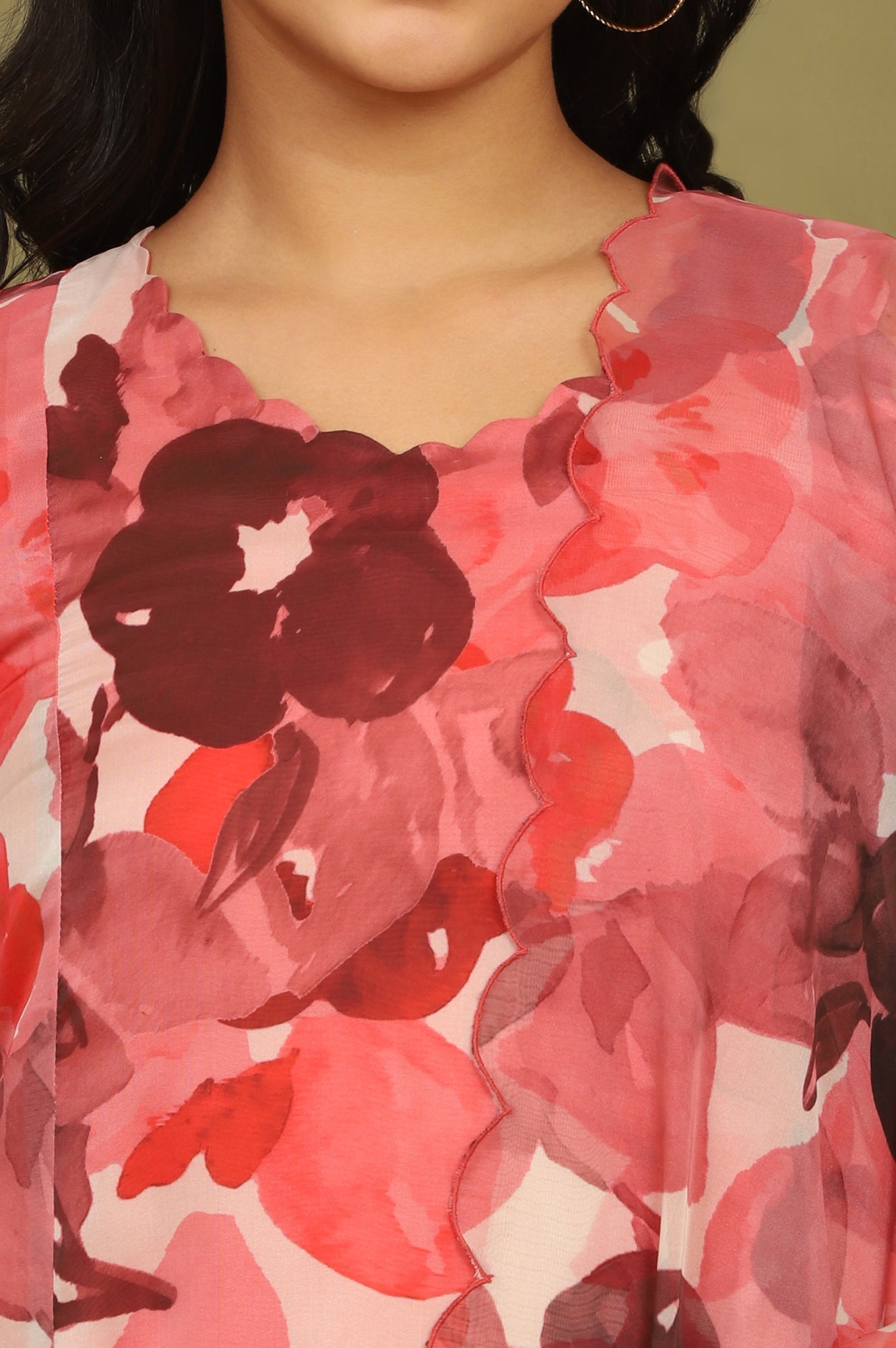 W for Woman Crimson Red Bold Floral Printed Organza Sleeveless Flared Kurta, Pants and Dupatta Set