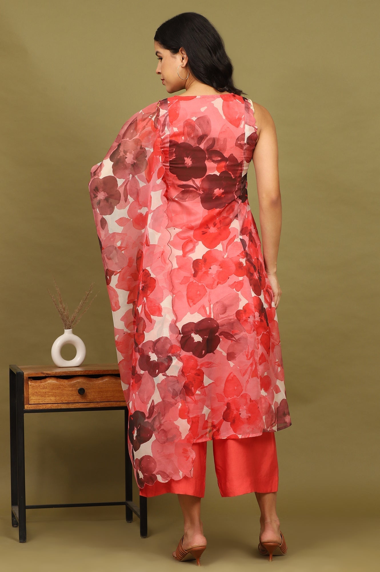 W for Woman Crimson Red Bold Floral Printed Organza Sleeveless Flared Kurta, Pants and Dupatta Set