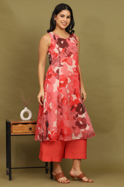 W for Woman Crimson Red Bold Floral Printed Organza Sleeveless Flared Kurta, Pants and Dupatta Set