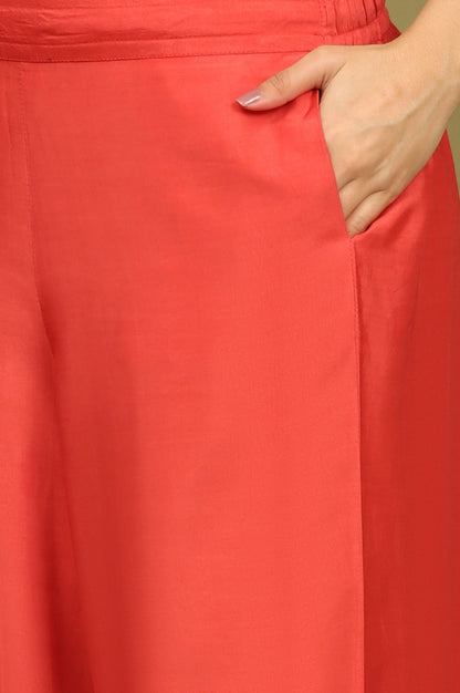 W for Woman Crimson Red Bold Floral Printed Organza Sleeveless Flared Kurta, Pants and Dupatta Set