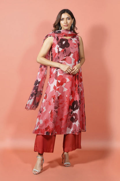 W for Woman Crimson Red Bold Floral Printed Organza Sleeveless Flared Kurta, Pants and Dupatta Set
