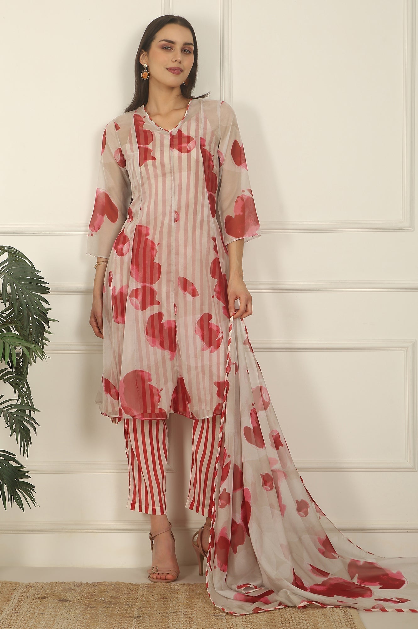 W for Woman White and Red Printed Layered Organza Kurta, Pants and Dupatta Set