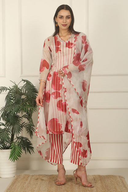 W for Woman White and Red Printed Layered Organza Kurta, Pants and Dupatta Set