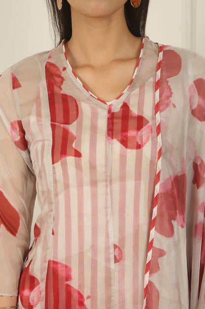 W for Woman White and Red Printed Layered Organza Kurta, Pants and Dupatta Set