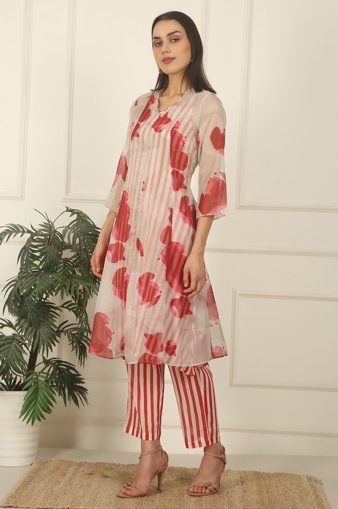 W for Woman White and Red Printed Layered Organza Kurta, Pants and Dupatta Set