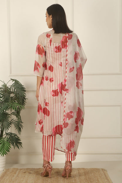 W for Woman White and Red Printed Layered Organza Kurta, Pants and Dupatta Set