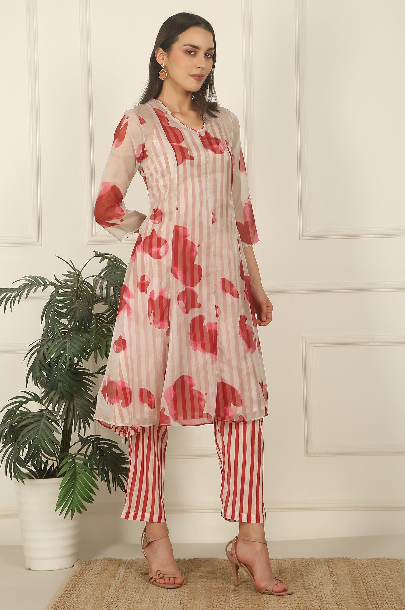 W for Woman White and Red Printed Layered Organza Kurta, Pants and Dupatta Set