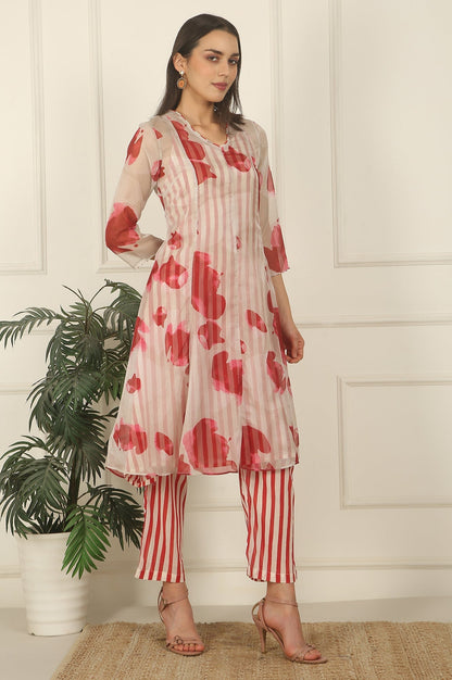 W for Woman White and Red Printed Layered Organza Kurta, Pants and Dupatta Set