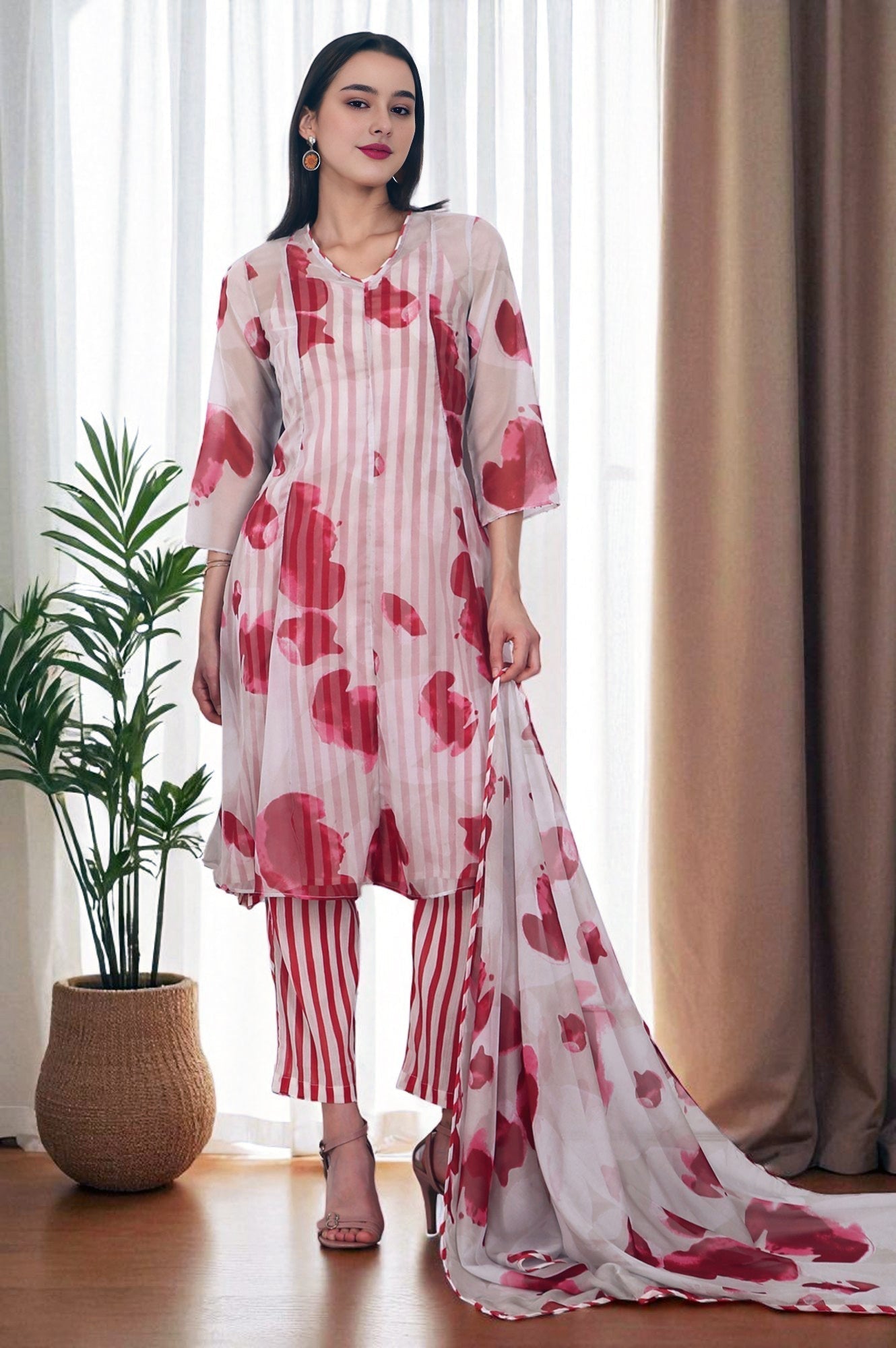 W for Woman White and Red Printed Layered Organza Kurta, Pants and Dupatta Set