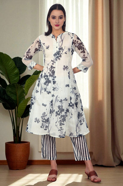 W for Woman White and Black Floral Printed Kota Flared Kurta and Pants Set