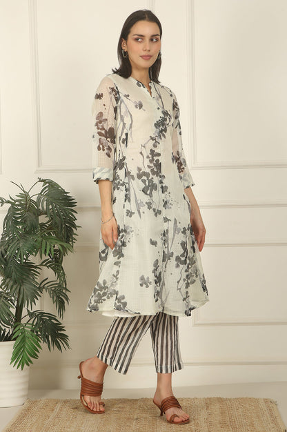W for Woman White and Black Floral Printed Kota Flared Kurta and Pants Set