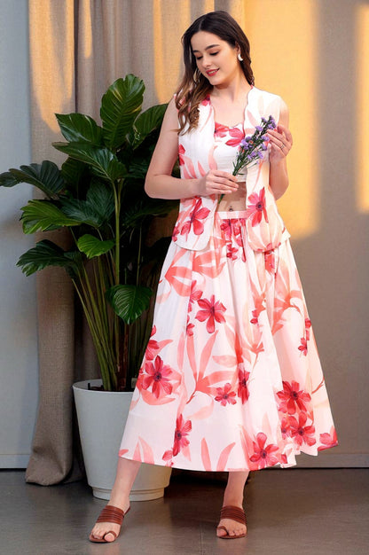W for Woman Wite Bold Floral Printed Pure Cotton Crop Top, Gilet and Skirt Set