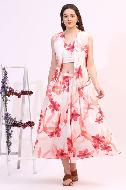 W for Woman Wite Bold Floral Printed Pure Cotton Crop Top, Gilet and Skirt Set