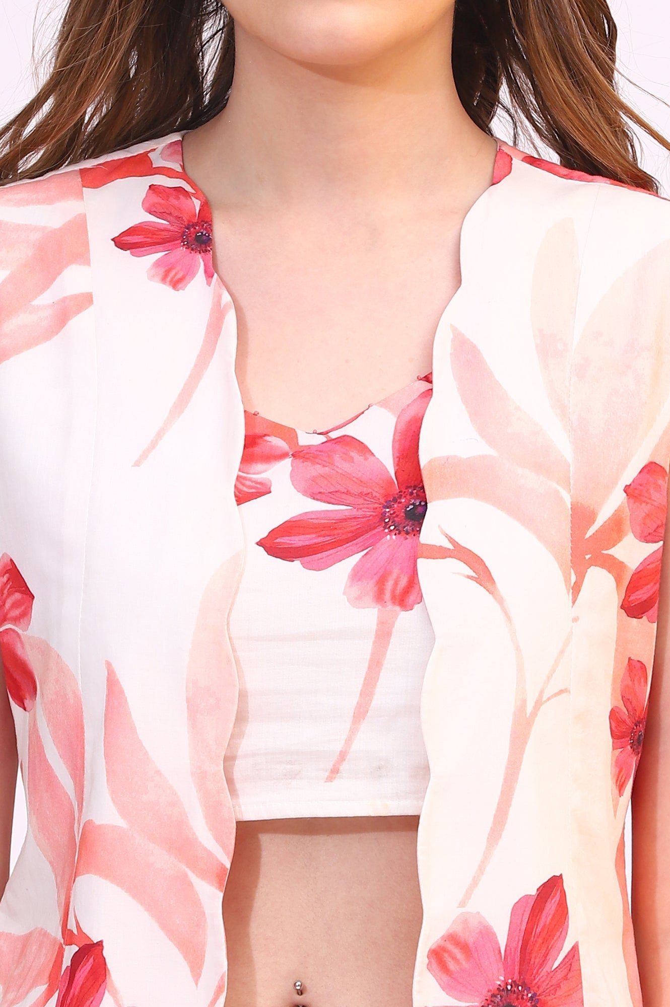W for Woman Wite Bold Floral Printed Pure Cotton Crop Top, Gilet and Skirt Set