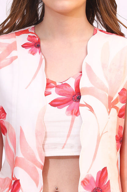W for Woman Wite Bold Floral Printed Pure Cotton Crop Top, Gilet and Skirt Set