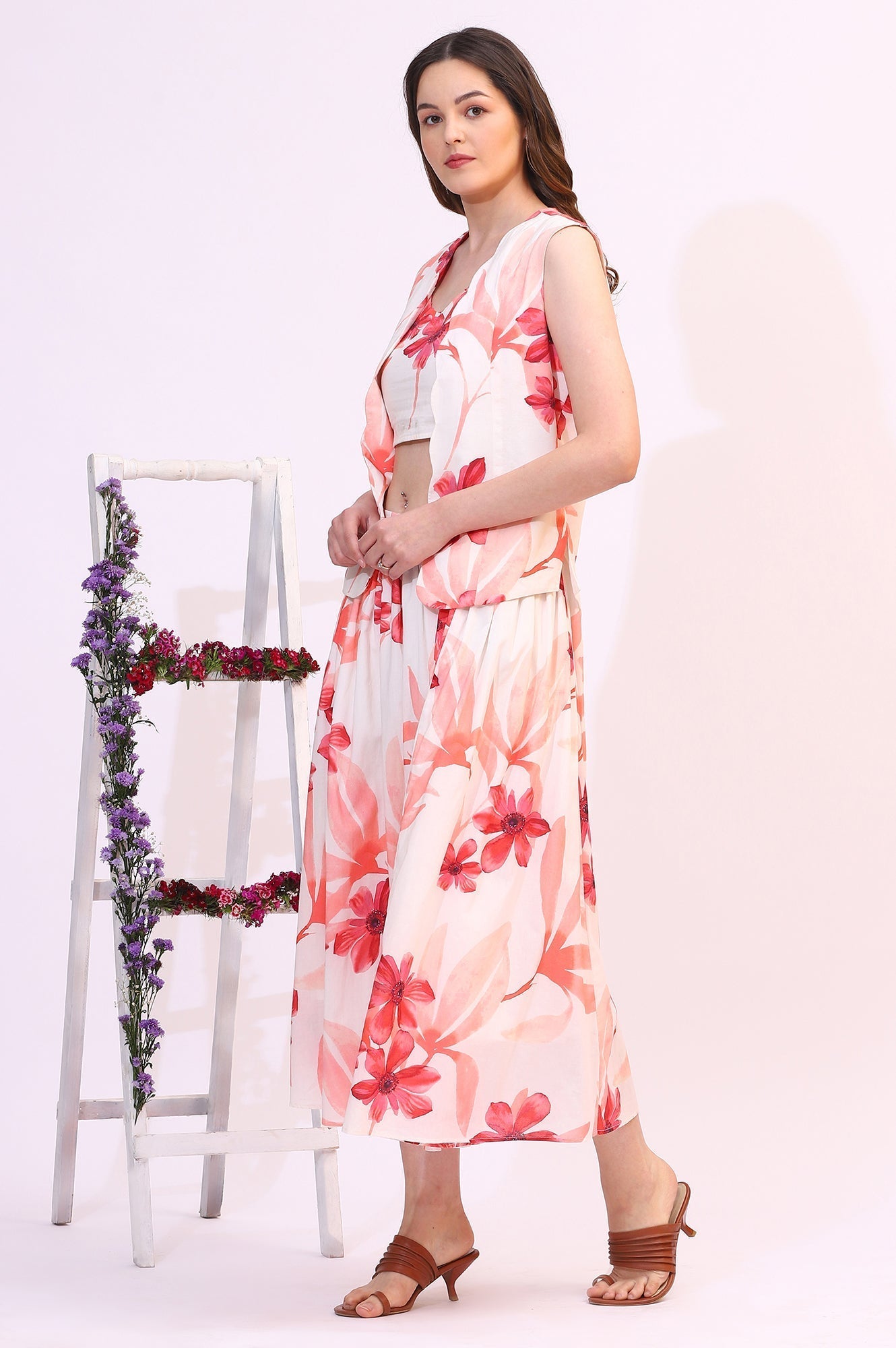 W for Woman Wite Bold Floral Printed Pure Cotton Crop Top, Gilet and Skirt Set