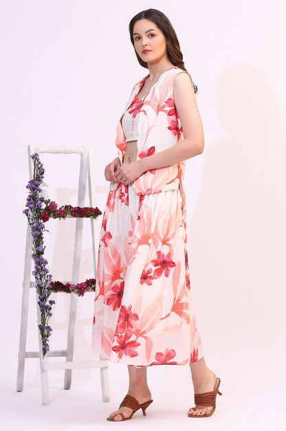 W for Woman Wite Bold Floral Printed Pure Cotton Crop Top, Gilet and Skirt Set