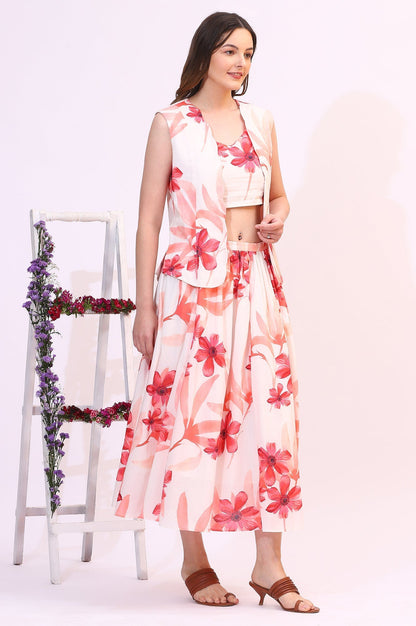 W for Woman Wite Bold Floral Printed Pure Cotton Crop Top, Gilet and Skirt Set