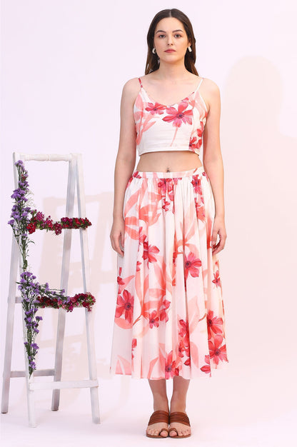 W for Woman Wite Bold Floral Printed Pure Cotton Crop Top, Gilet and Skirt Set
