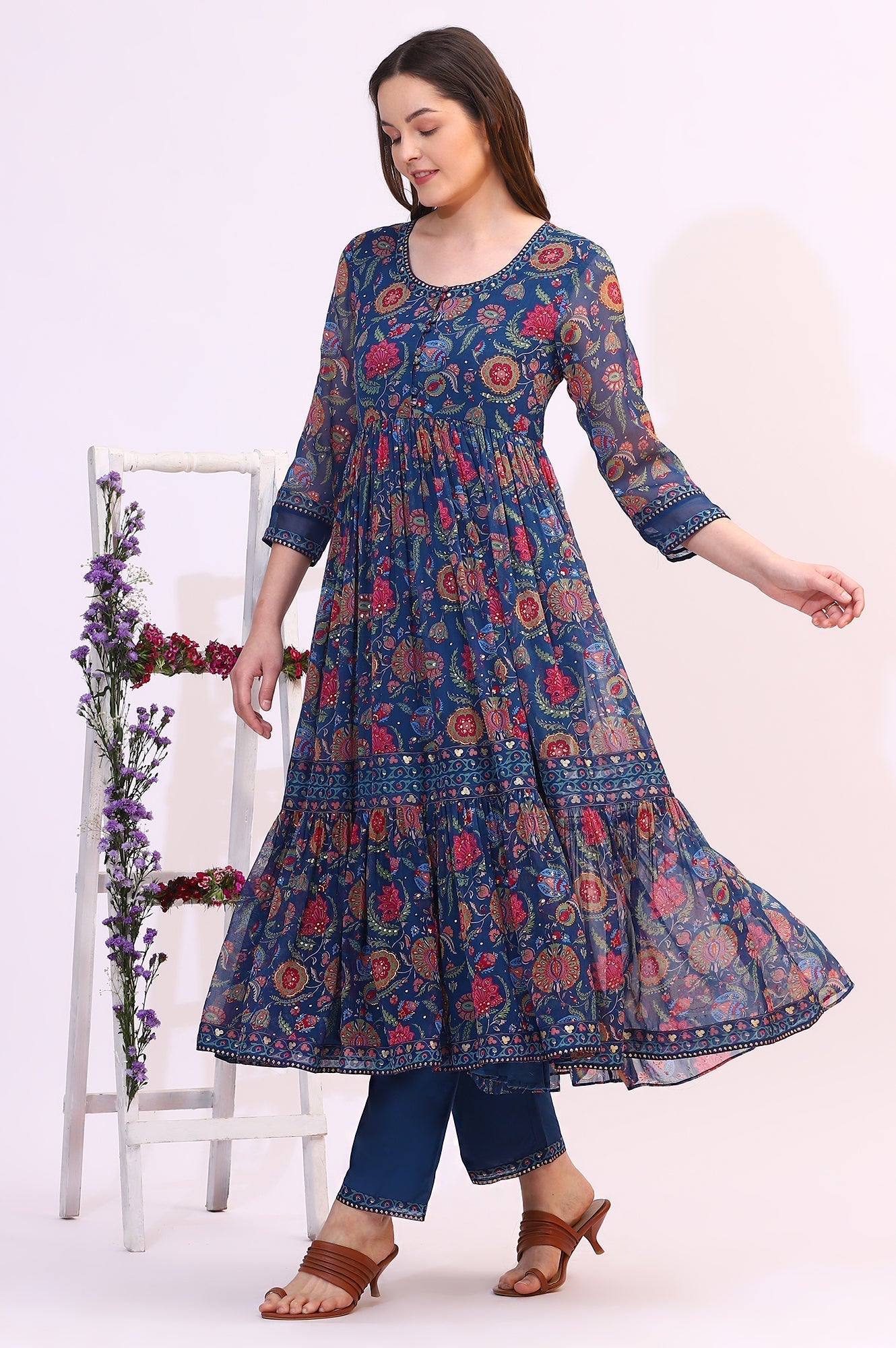 W for Woman Blue Chintz Floral Printed Chiffon Anarkali Kurta, Straight Pants and Dupatta Set