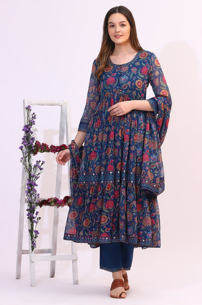 W for Woman Blue Chintz Floral Printed Chiffon Anarkali Kurta, Straight Pants and Dupatta Set