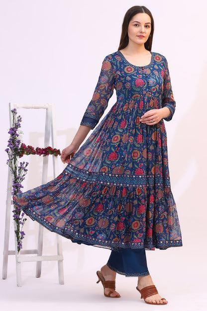 W for Woman Blue Chintz Floral Printed Chiffon Anarkali Kurta, Straight Pants and Dupatta Set