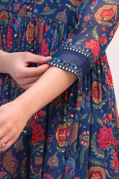 W for Woman Blue Chintz Floral Printed Chiffon Anarkali Kurta, Straight Pants and Dupatta Set