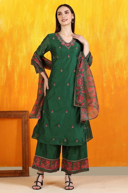 W for Woman Emerald Green Embroidered Panelled Kurta, Flared Pants and Dupatta Set