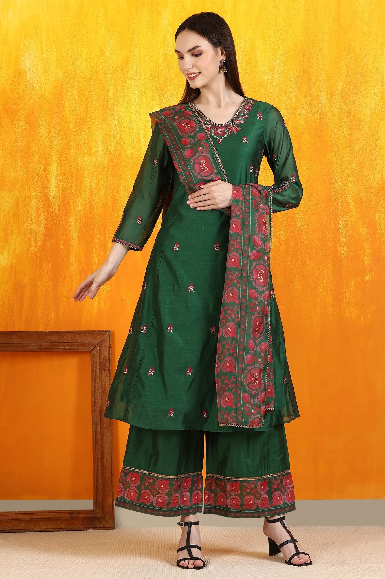 W for Woman Emerald Green Embroidered Panelled Kurta, Flared Pants and Dupatta Set