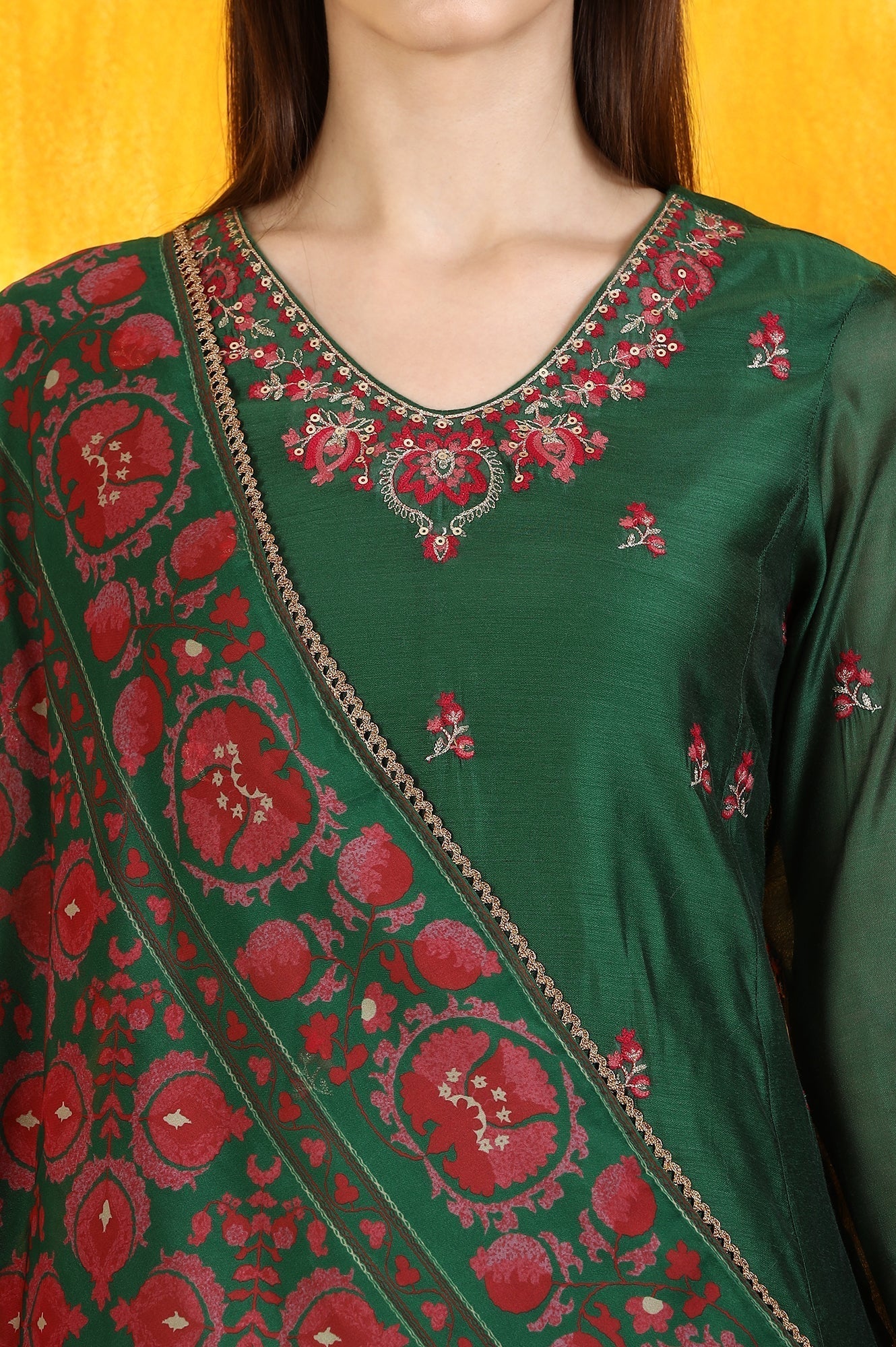 W for Woman Emerald Green Embroidered Panelled Kurta, Flared Pants and Dupatta Set
