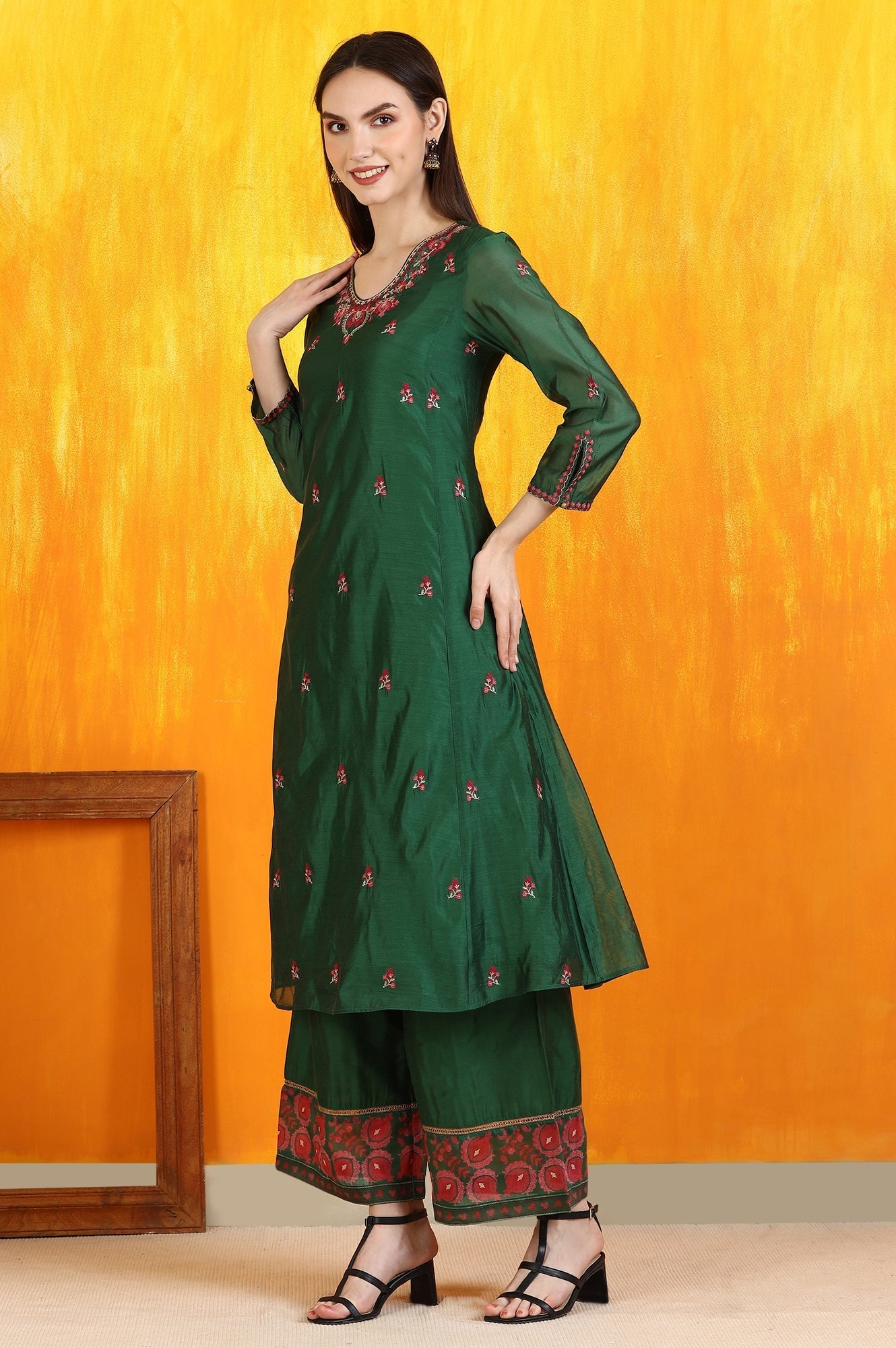 W for Woman Emerald Green Embroidered Panelled Kurta, Flared Pants and Dupatta Set