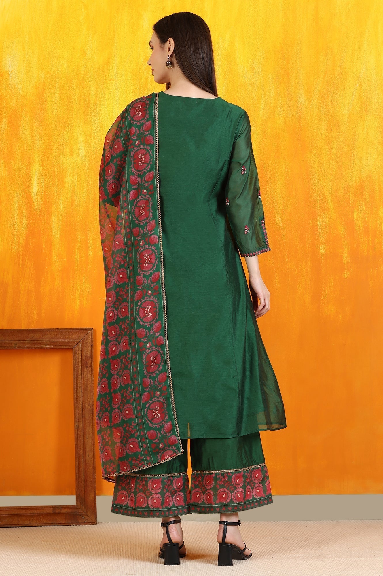 W for Woman Emerald Green Embroidered Panelled Kurta, Flared Pants and Dupatta Set