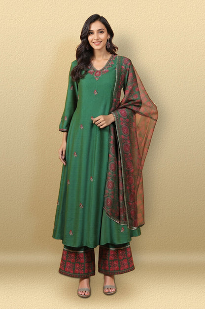 W for Woman Emerald Green Embroidered Panelled Kurta, Flared Pants and Dupatta Set