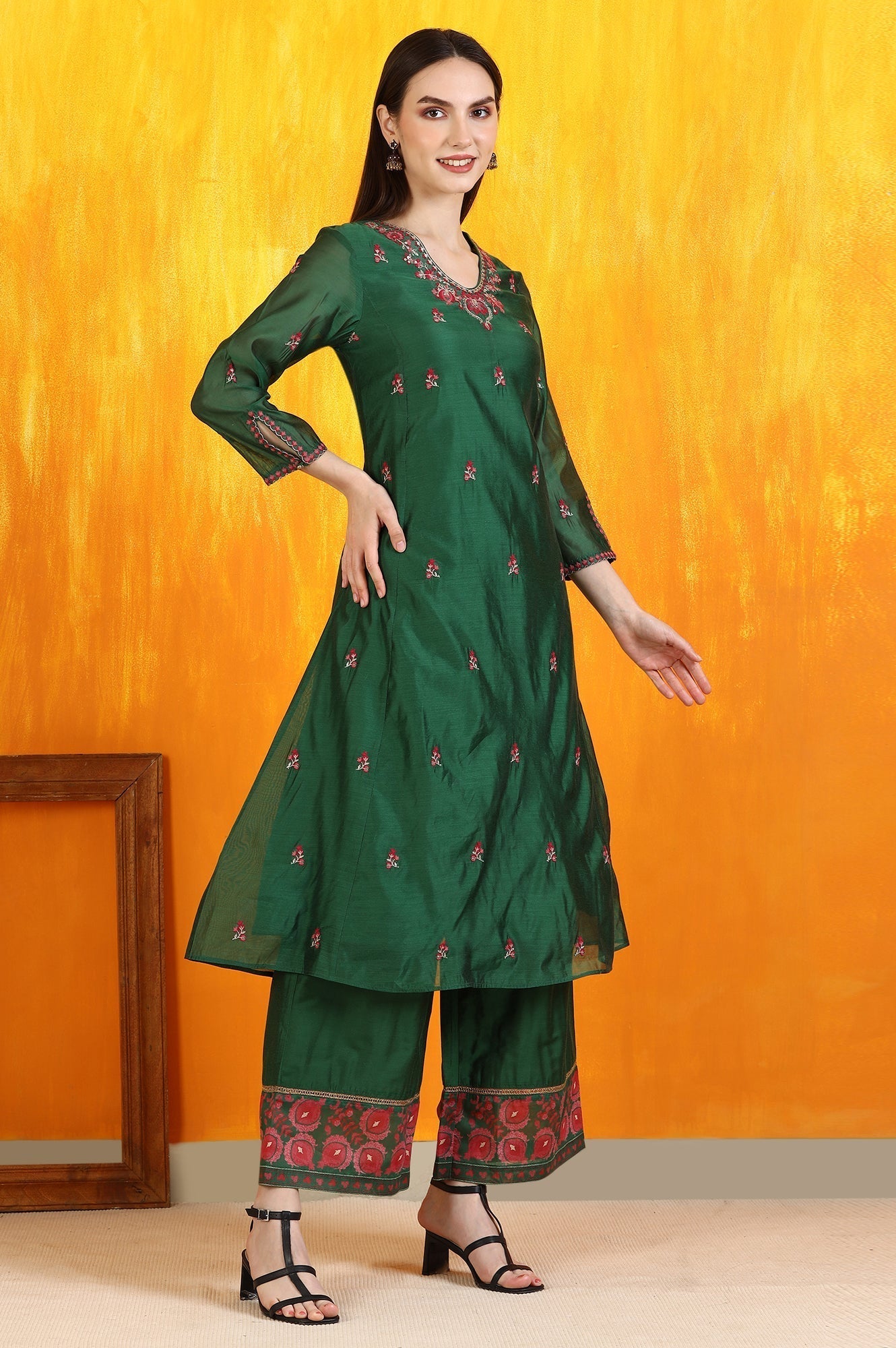 W for Woman Emerald Green Embroidered Panelled Kurta, Flared Pants and Dupatta Set