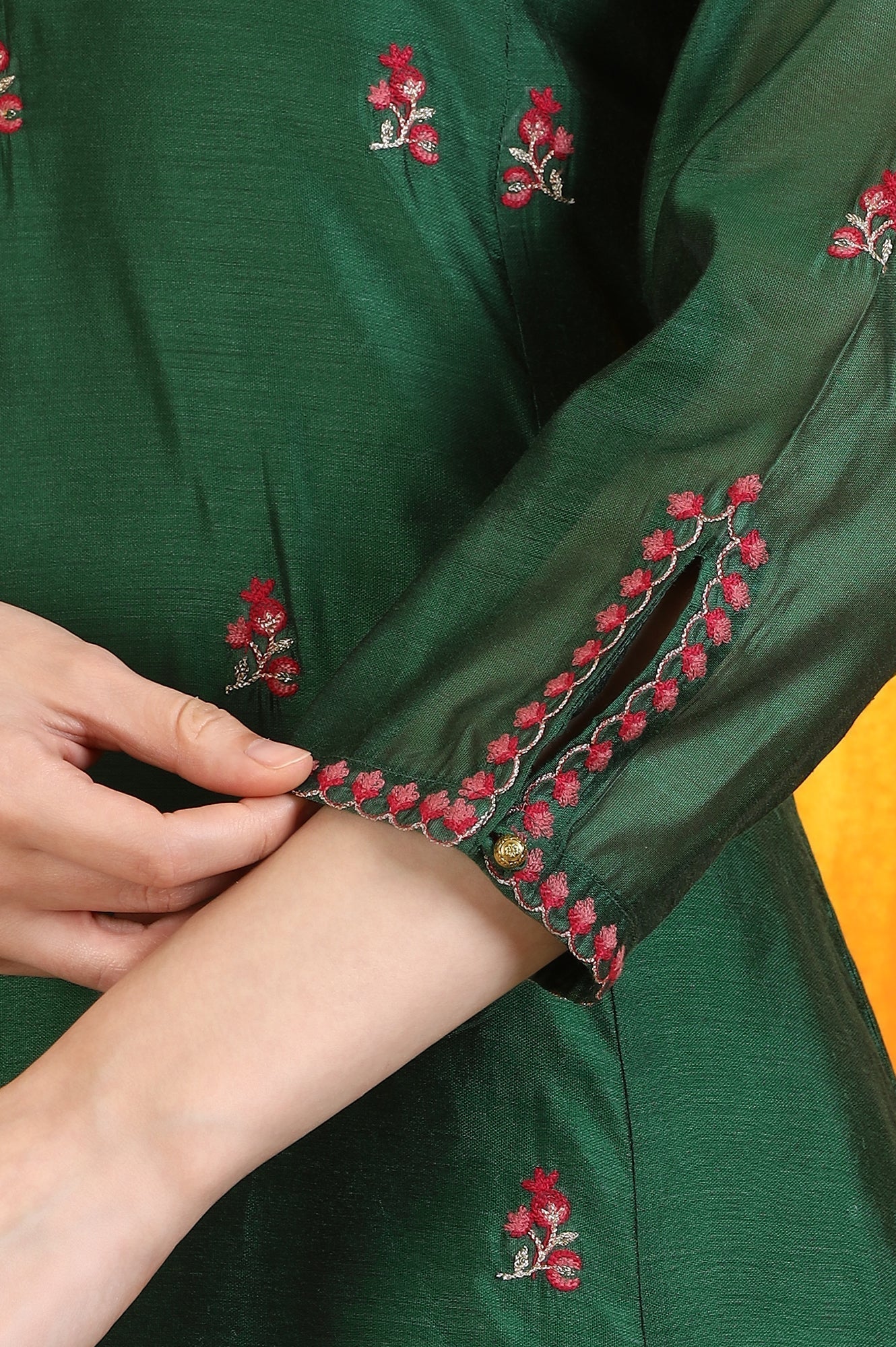 W for Woman Emerald Green Embroidered Panelled Kurta, Flared Pants and Dupatta Set
