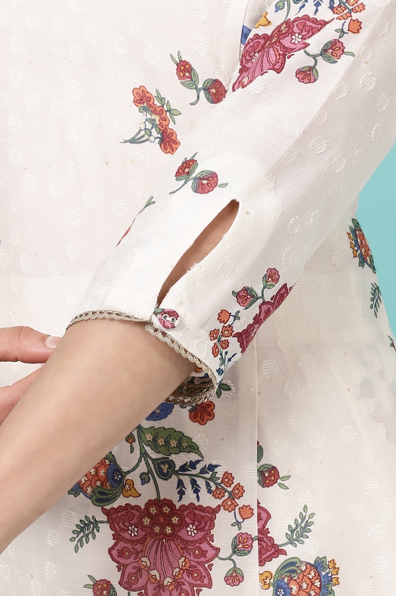 W for Woman White Floral Printed Textured Dobby A-line Kurta and Pants Co-ord Set
