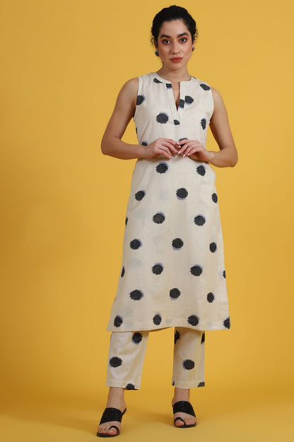 W for Woman White Polka Dots Cotton Flax A-line Kurta and Pants Co-ord Set
