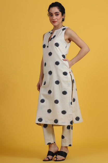 W for Woman White Polka Dots Cotton Flax A-line Kurta and Pants Co-ord Set