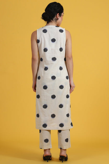 W for Woman White Polka Dots Cotton Flax A-line Kurta and Pants Co-ord Set