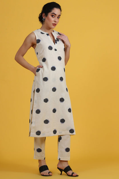 W for Woman White Polka Dots Cotton Flax A-line Kurta and Pants Co-ord Set