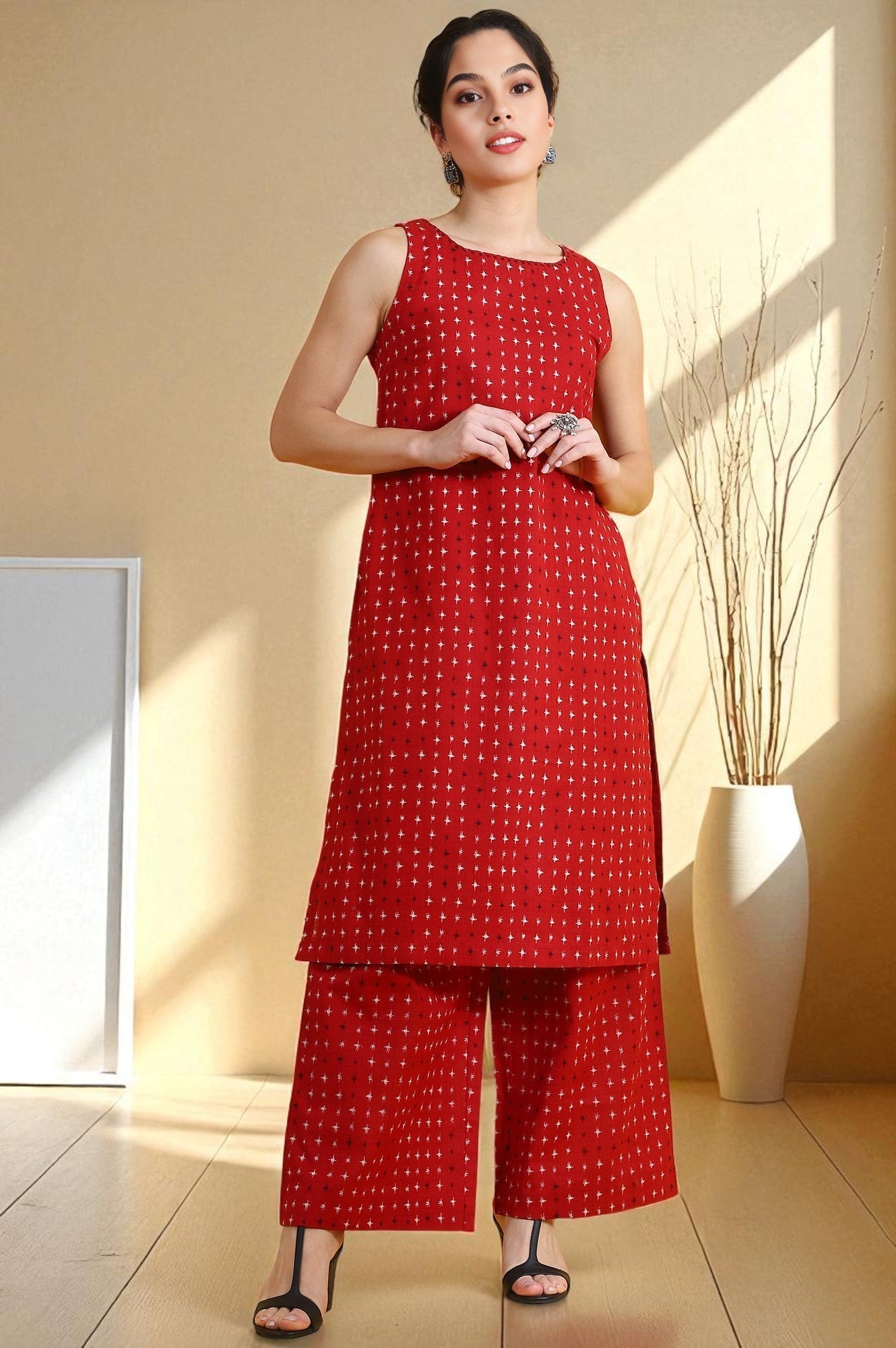 W for Woman Red Abstract Printed Cotton Flax Sleeveless Straight Kurta and Pants Co-ord Set