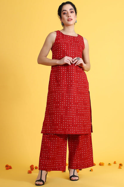 W for Woman Red Abstract Printed Cotton Flax Sleeveless Straight Kurta and Pants Co-ord Set