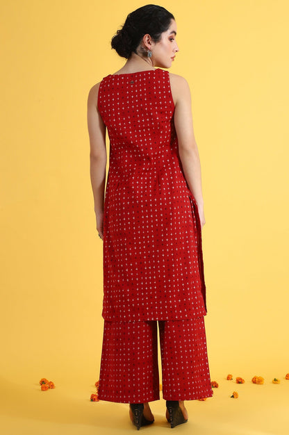 W for Woman Red Abstract Printed Cotton Flax Sleeveless Straight Kurta and Pants Co-ord Set