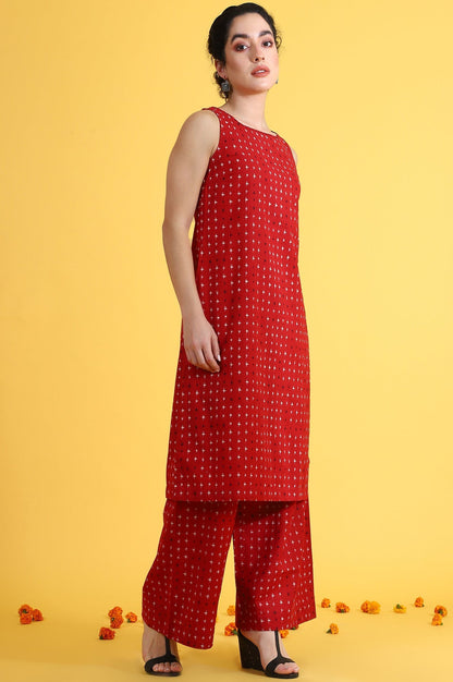 W for Woman Red Abstract Printed Cotton Flax Sleeveless Straight Kurta and Pants Co-ord Set