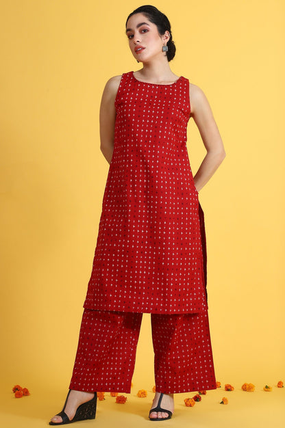 W for Woman Red Abstract Printed Cotton Flax Sleeveless Straight Kurta and Pants Co-ord Set