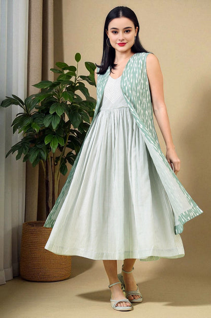 W for Woman White and Green Geometric Printed Flared Spaghetti Dress and Gilet Set