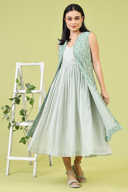 W for Woman White and Green Geometric Printed Flared Spaghetti Dress and Gilet Set
