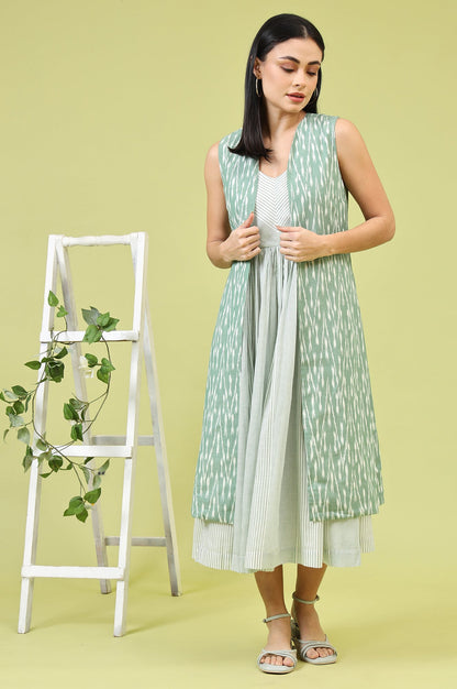 W for Woman White and Green Geometric Printed Flared Spaghetti Dress and Gilet Set
