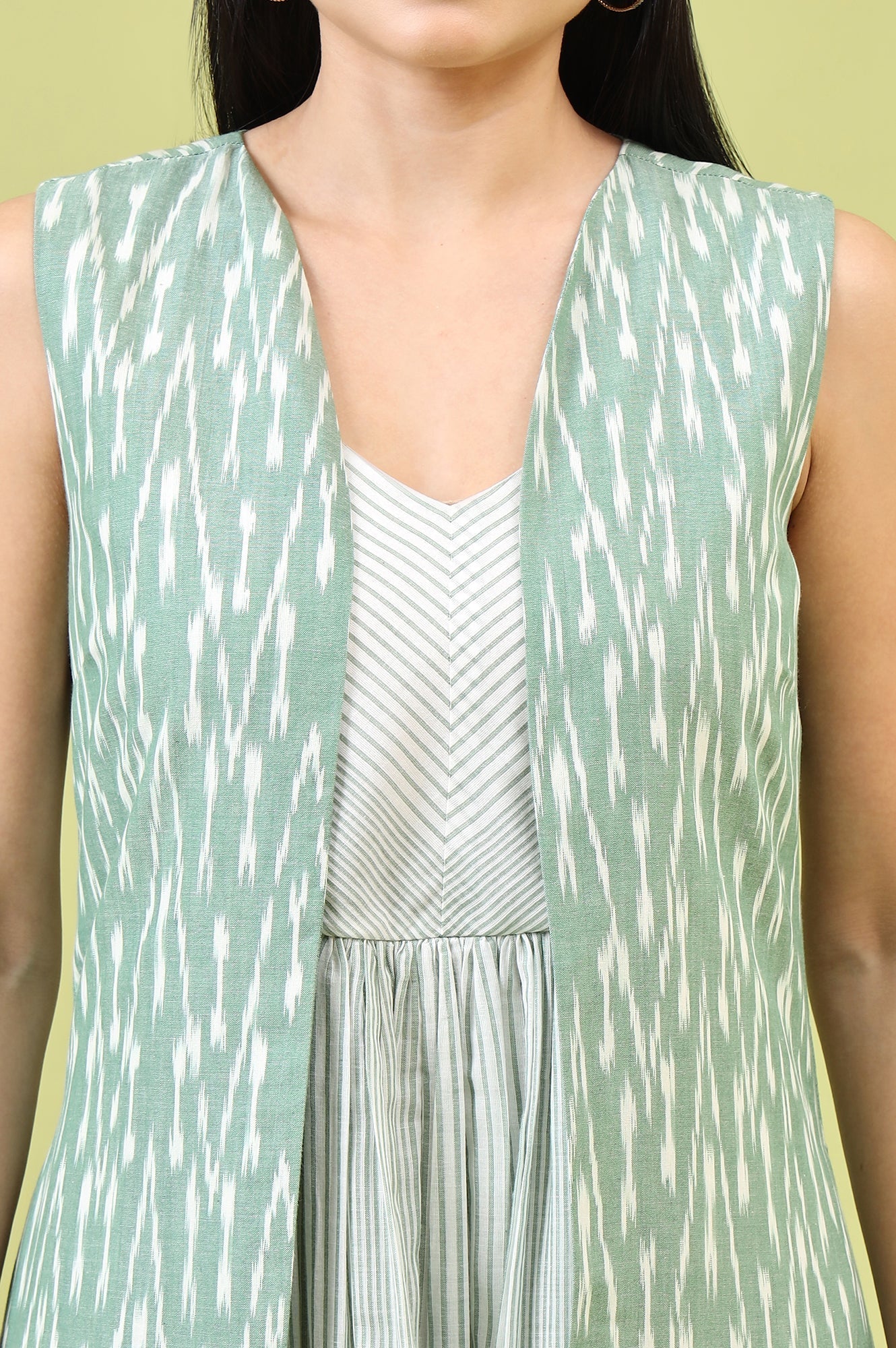 W for Woman White and Green Geometric Printed Flared Spaghetti Dress and Gilet Set